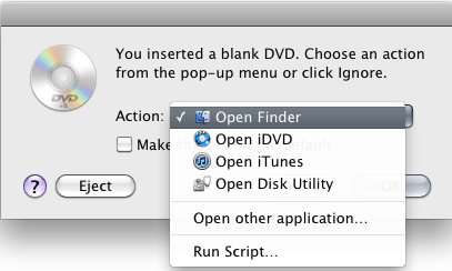 Choose Open Finder to burn a regular data CD or DVD