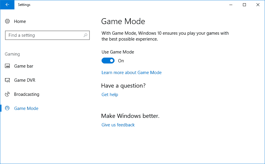 Windows 10 Creators Update Game Mode